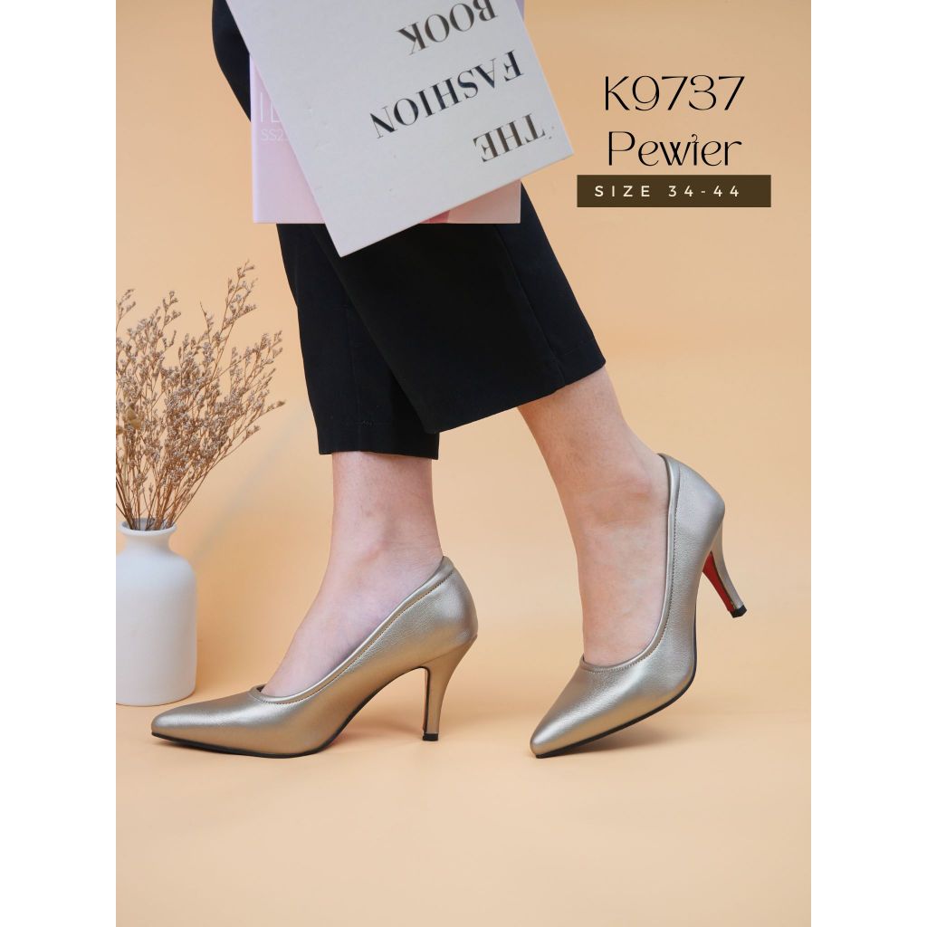K9737 รองเท้าคัทชู PU หนังนิ่ม เย็บขอบเสริมกันกัด ส้นแหลมสูง 3 นิ้ว