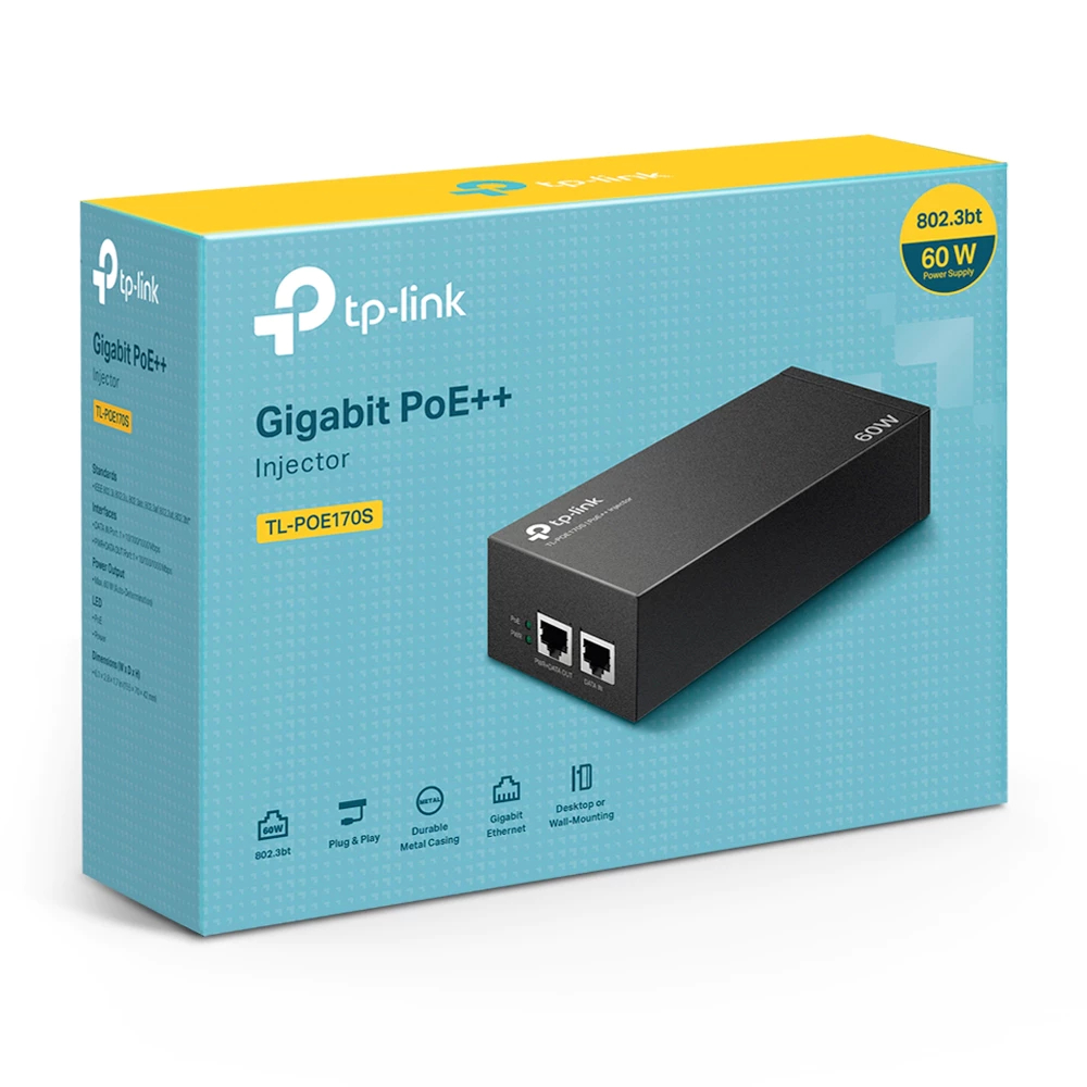 TP-LINK TL-POE170S PoE++ Injector 2 Gigabit ports Complies with IEEE802.3af/at/bt* standards, suppli