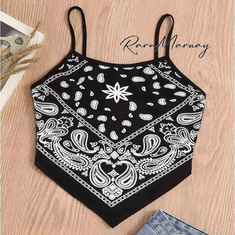 (พร้อมส่ง) เสื้อสายเดี่ยว ชายสามเหลี่ยม พิมพ์ลายลูกน้ำ Paisley R1012