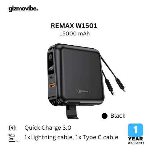 REMAX Power Bank 15000 mAh รุ่น W1501 พร้อมสายชาร์จในตัว