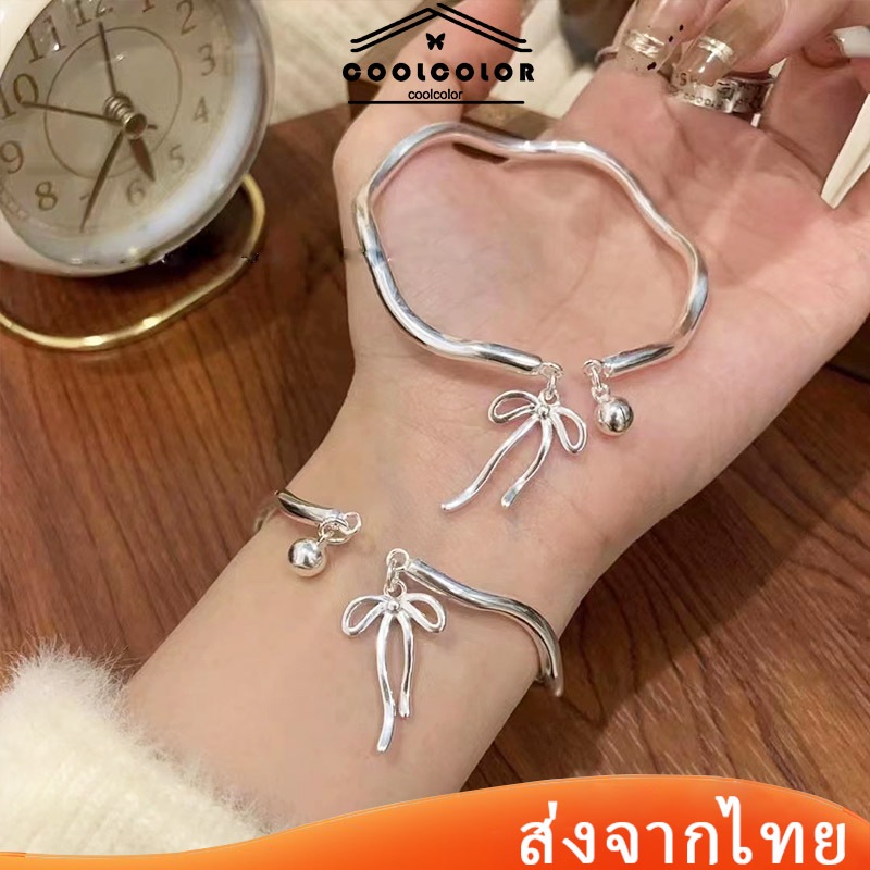 ในไทย💖สร้อยข้อมือประดับโบว์จี้กระดิ่งS925เงินสเตอร์ลิงปรับขนาดไม่ตกสีสไตล์เกาหลีเรียบง่ายสำหรับผู้หญิง