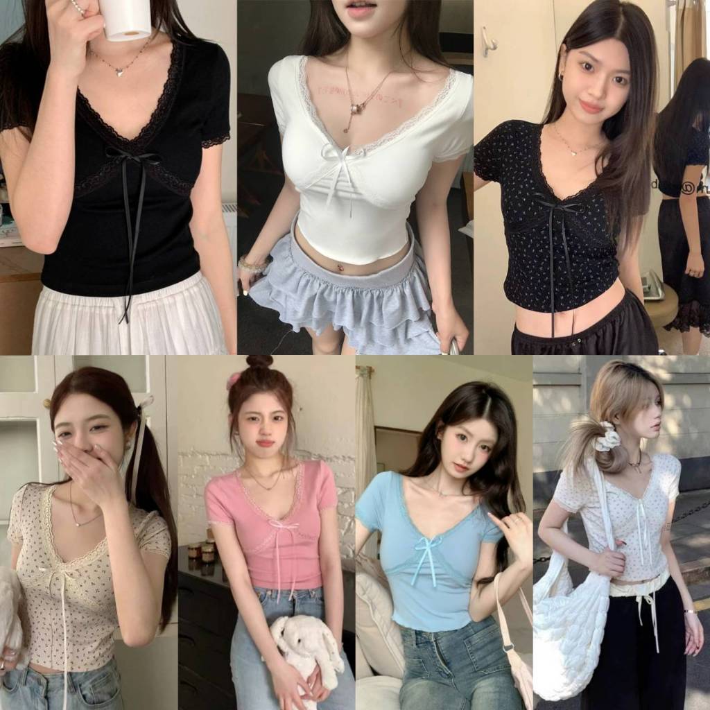 🎀B-271🎀 เสื้อครอปแขนสั้น ดีเทลโบว์ ขอบลูกไม้ มีฟองน้ำในตัว 🎀