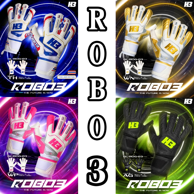 ถุงมือผู้รักษาประตู ถุงมือโกล H3 รุ่น ROBO 3 มี finger safe 5 นิ้ว
