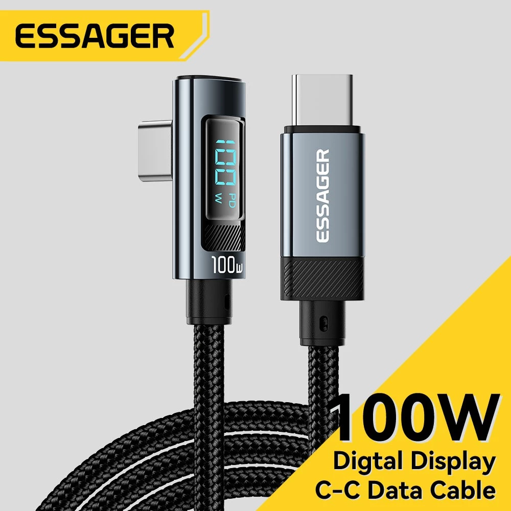 ESSAGER Type C to Type C 100W ข้อศอกออกแบบสายเคเบิลข้อมูลจอแสดงผลดิจิตอลเหมาะสำหรับอุปกรณ์ต่าง ๆ ที่มีอินเทอร์เฟซ Type-C