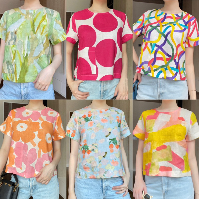A1เสื้อลินินแขนสั้นผ้าลินินแท้พิมพ์ลาย