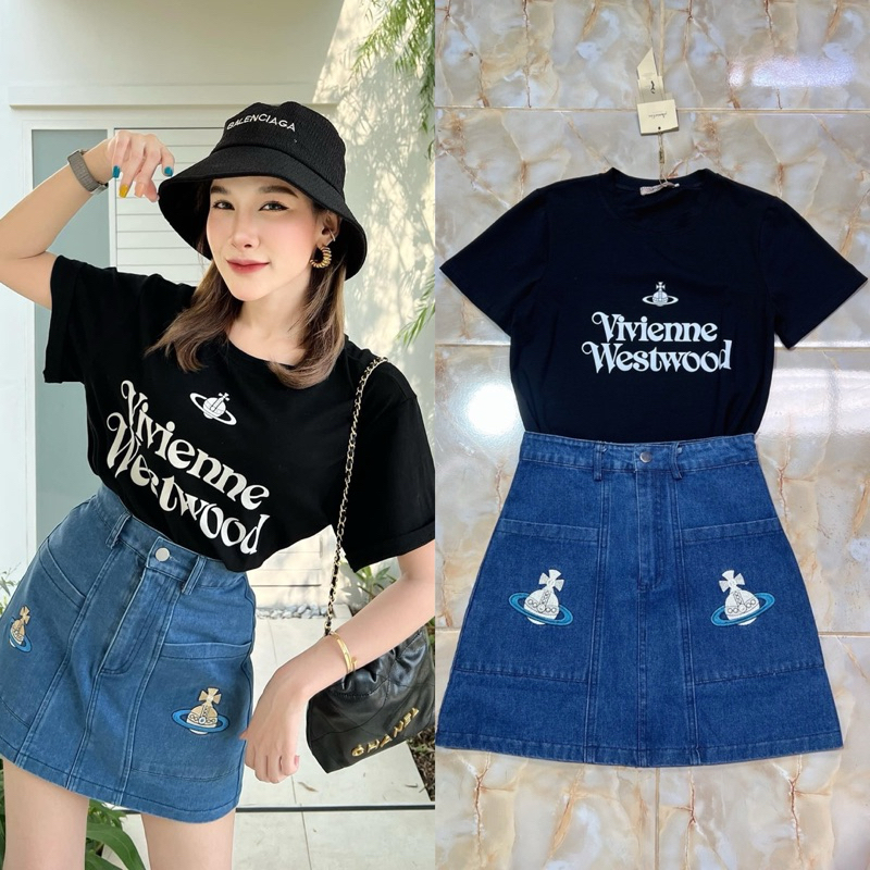 (s,l,xl) ชุดเซตกระโปรง วิเวียน เสื้อยืด+กระโปรงยีนส์ งานปัก งานป้าย amelia