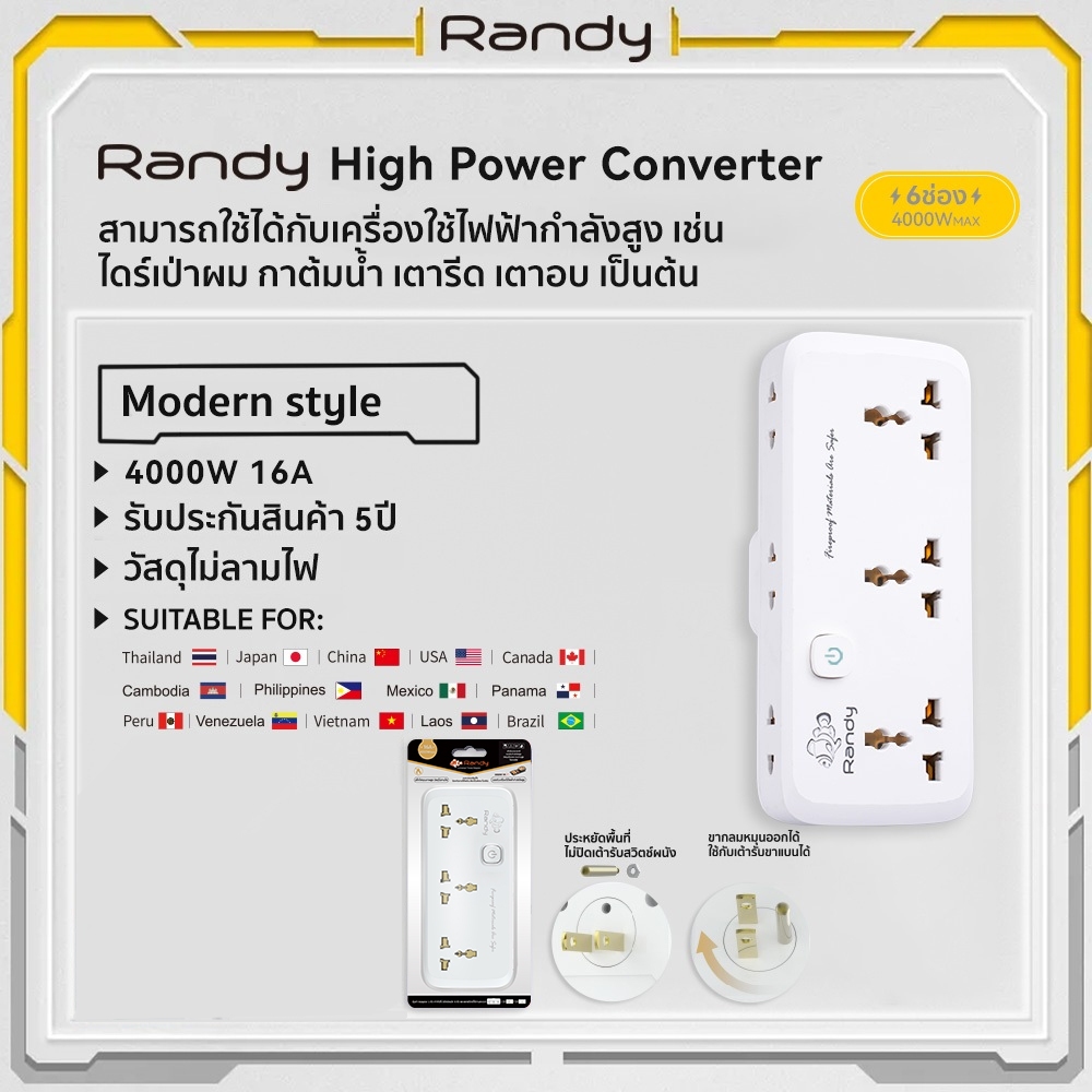 Randy ปลั๊กไฟ16A ปลั๊กแปลง 4000W ปลั๊กไฟusb adapter สองขาแบนรับกำลังไฟสูง หัวชาร์จUSB รางปลั๊กไฟทองแดง ปลั๊กแปลงไฟ ปลั๊ก