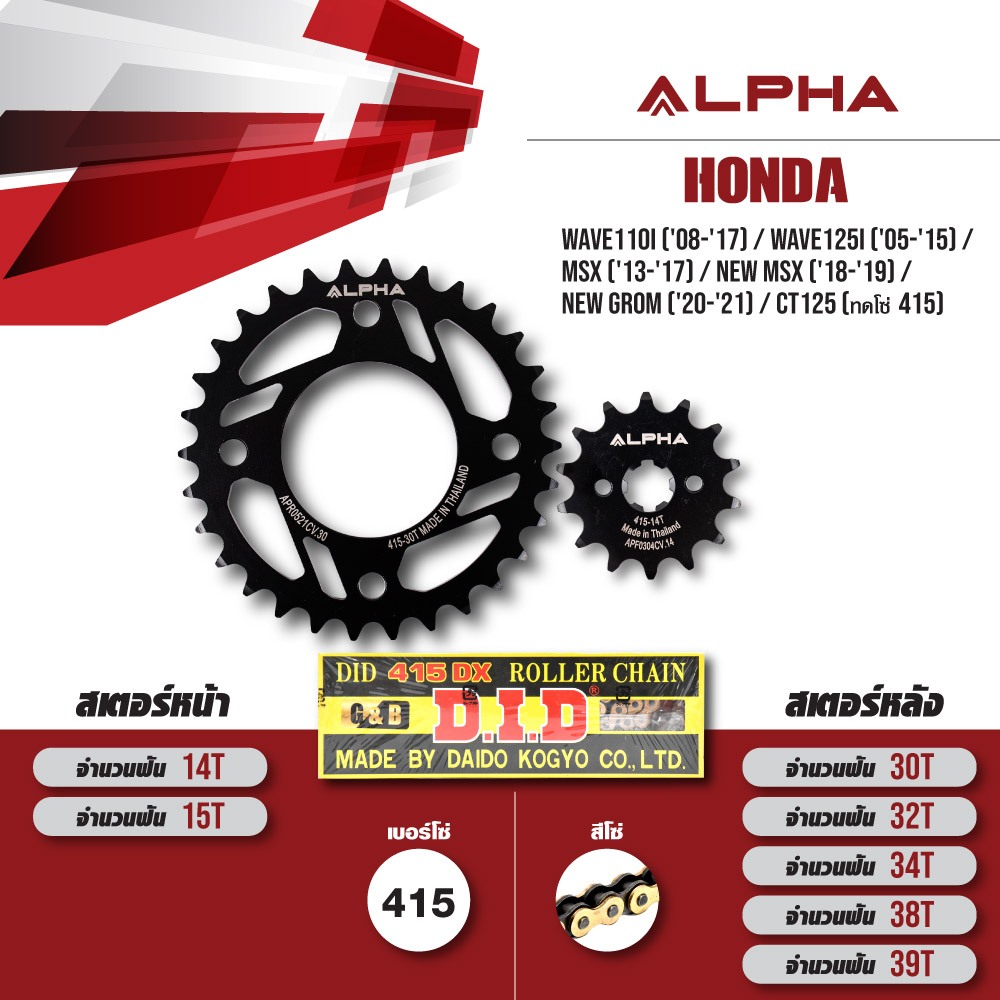 ชุดโซ่-สเตอร์ ALPHA ใช้สำหรับ HONDA Wave110i / Wave125i / MSX / New MSX / New Grom / CT125 โซ่ D.I.D