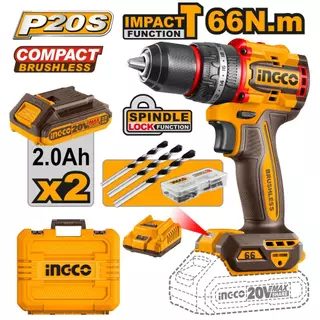 INGCO สว่านกระแทกไร้สาย 20V Brushless 66Nm รุ่น CIDLI20668 ครบชุดแบต2ah CIDLI206681 เครื่องเปล่า