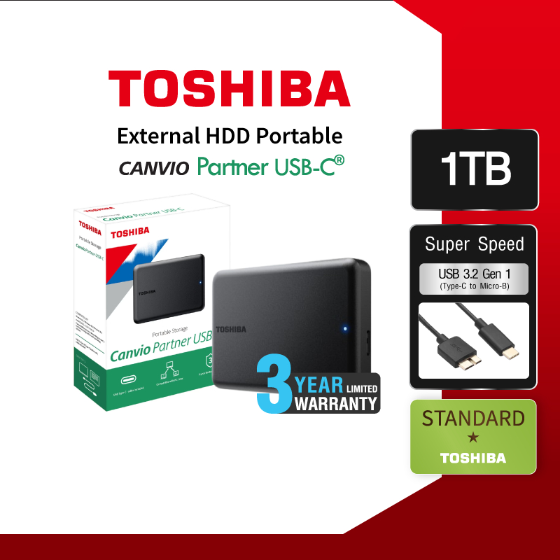 Toshiba External HDD (1/2/4TB) รุ่น Canvio Partner Type C For Mac PC iPad Pro, Tablets USB 3.2 ฮาร์ดดิสก์พกพา 2.5"