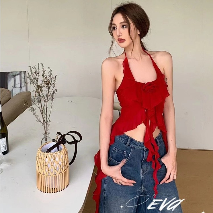 Eva พร้อมส่ง เสื้อคล้องคอผู้หญิง สีทึบ ลำลอง ไม่ปกติ เสื้อกล้ามระบายทรงเข้ารูปย้อนยุค