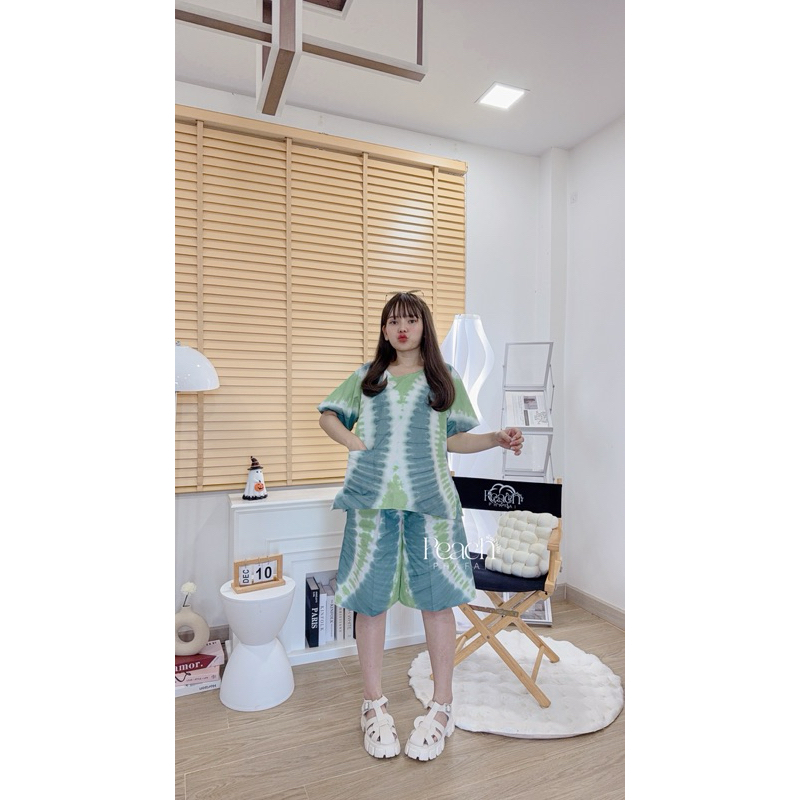 ชุดมัดย้อมสีพาสเทลแขนสั้นขาสั้นเนื้อนุ่มใส่สบาย - รูปที่ 2