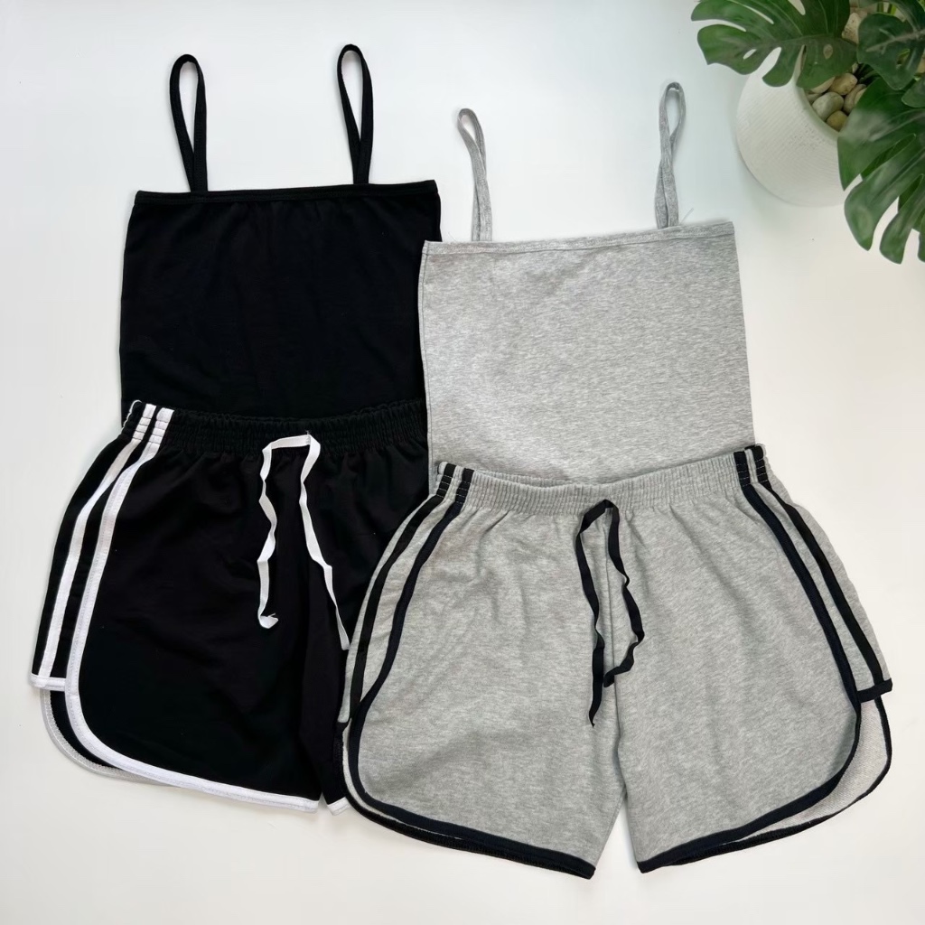 เซ็ต2ชิ้น เสื้อสายเดี่ยว+กางเกงขาสั้นสายฝอ ใส่อยู่บ้านหรือออกกำลังกายชิคๆ พร้อมส่งจากไทย