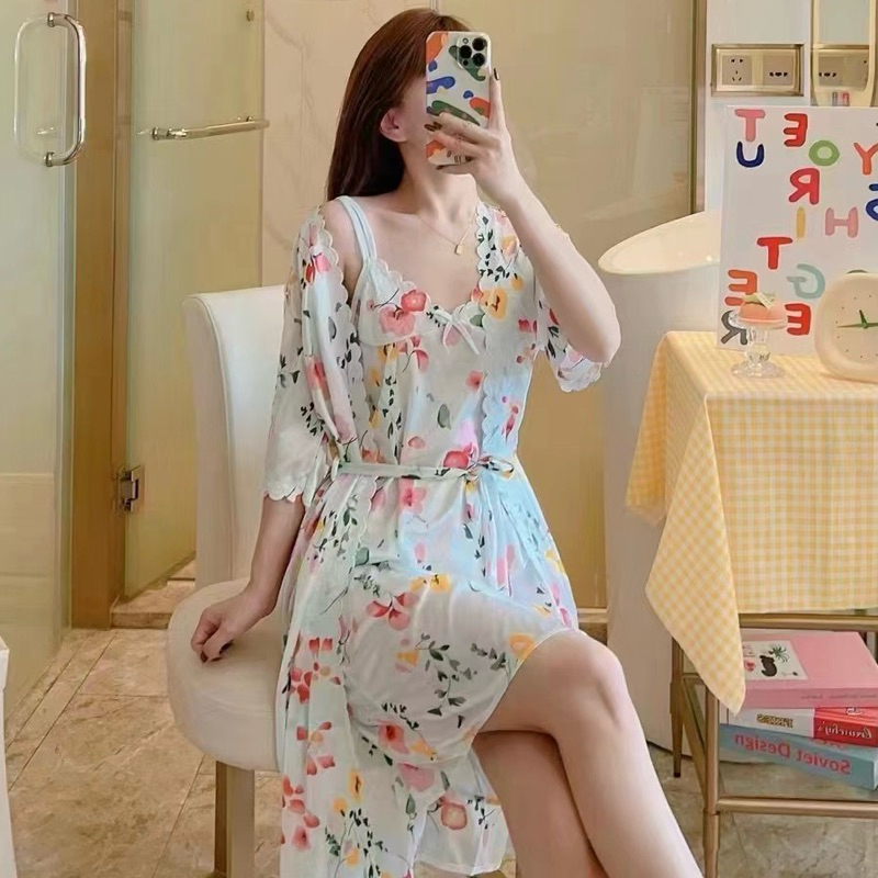 ชุดนอนแบบเซ็ต ชุดนอนกระโปรงสายเดี่ยว+ชุดคลุม (ได้2ชิ้น) ผ้ายืดซีทรู ราคา ถูกที่สุด ดีลบีเคเค แกลเลอรีภาพที่ 2