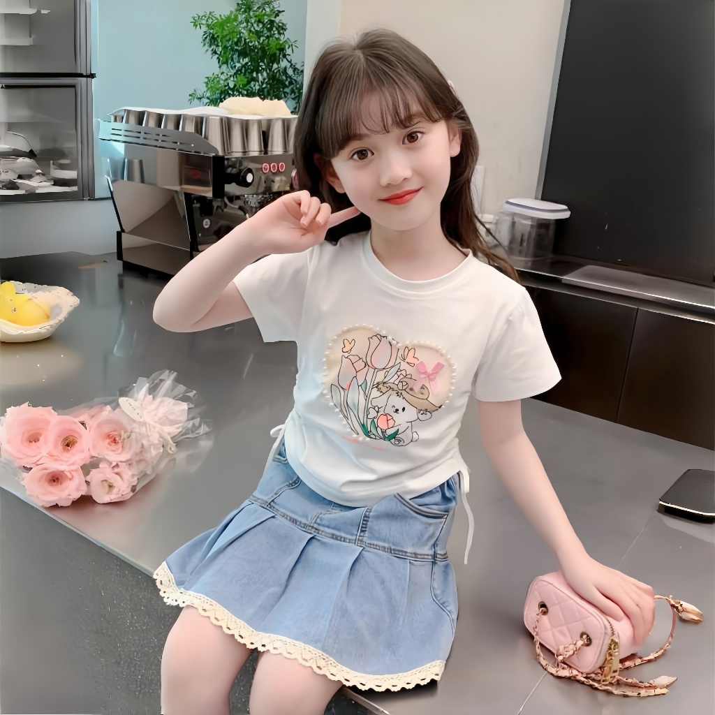 2-12 ปี เสื้อยืดเด็กผู้หญิง คอกลม แขนสั้น สไตล์เกาหลี ประดับมุก แบบผูกเชือก ผ้านิ่มเด้งใส่สบาย สําหรับเด็กผู้หญิง - รูปที่ 3