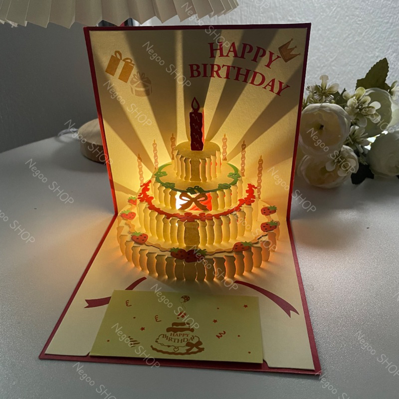 สินค้าพร้อมส่ง 3D LED มีไฟ  มีเพลง  การ์ดวันเกิด รูปเค้ก ปกมีลายเค้ก พร้อมการ์ดด้านในสำหรับเขียนอวยพร(（Happy Birthday)