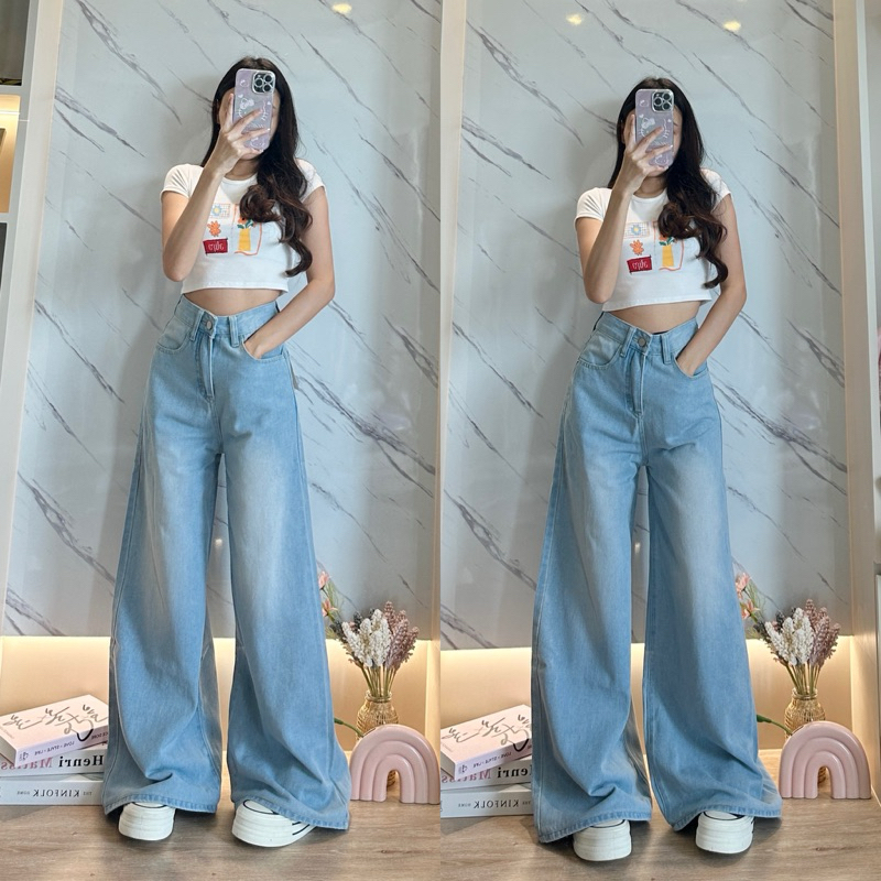 Baggy Jeans สีฟ้าฟอก “ยีนส์ป้าย Chana"  B533  กางเกงยีนส์ขาบานเอวสูง งานเทรนด์ รุ่นขายดี ผ้าไม่ยืด