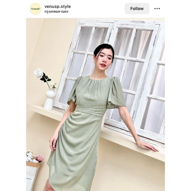 Bora dress รุ่นผ้าชีฟองสีเขียว ร้าน Venusp.style