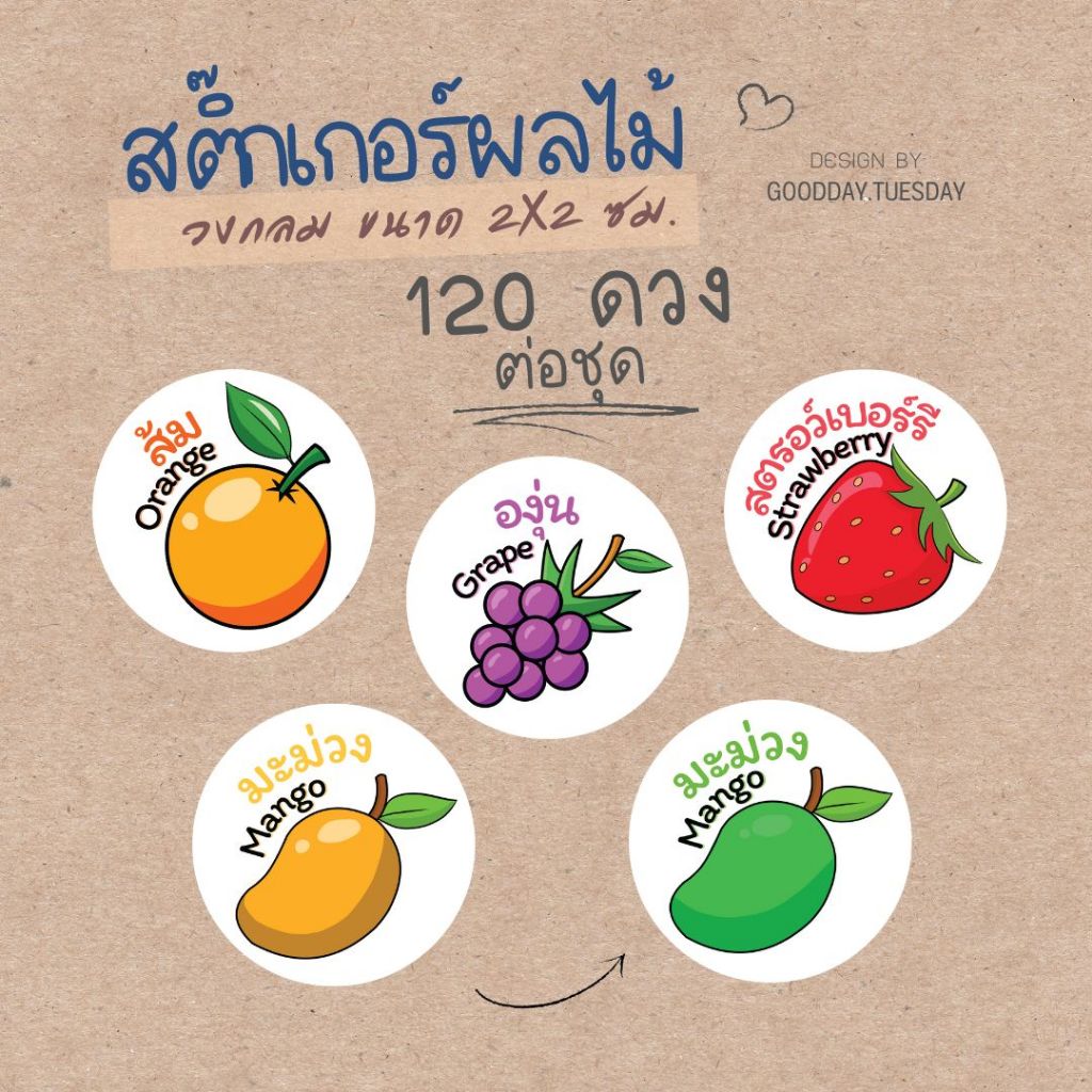 สติกเกอร์ ผัก ผลไม้ รสชาติ วงกลม ขนาด 2 ซม. กันน้ำ 100% 120 ต่อชุด