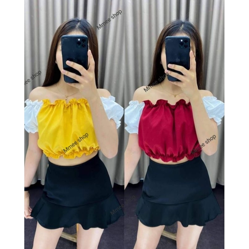 เฉพาะเสื้อ​ เสื้อตรีมแหยม​ แขนตุ๊กตา​ใส่งานเลี้ยงปีใหม่​ สงกรานต์​ย้อนยุค