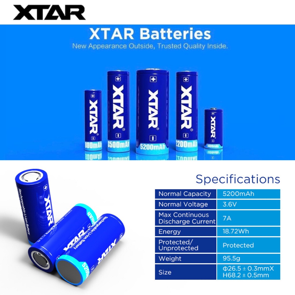 XTAR 26650 5200mAh 3.6V 7A Flat Top & Button Top Li-ion Rechargeable Battery
