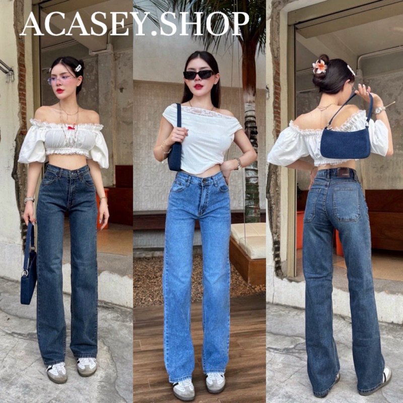 Acasey กางเกงยีนส์ผู้หญิง ขายาว ทรงกระบอกตรง PN ตัวยาวผ้ายืดจ้า ไซส์ S - 5XL รุ่นกระบอกตรง ผ้ายืด