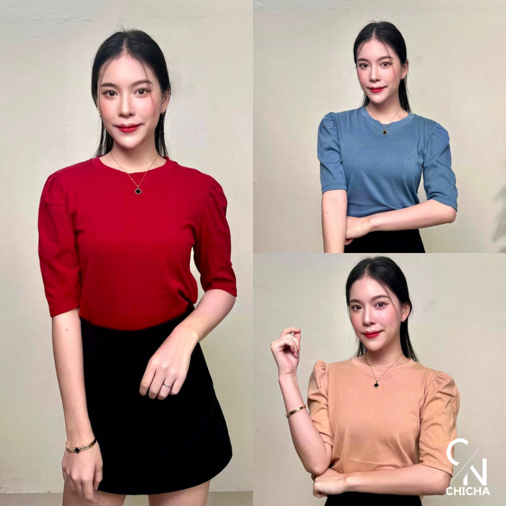 [ TGETUEU ลด 120] (MT3A) [[ขายถูกสุด]]C/N x CHICHA เสื้อยืดคอกลมแขนตุ๊กตาศอก​ G110 CARDIGAN_NISTA