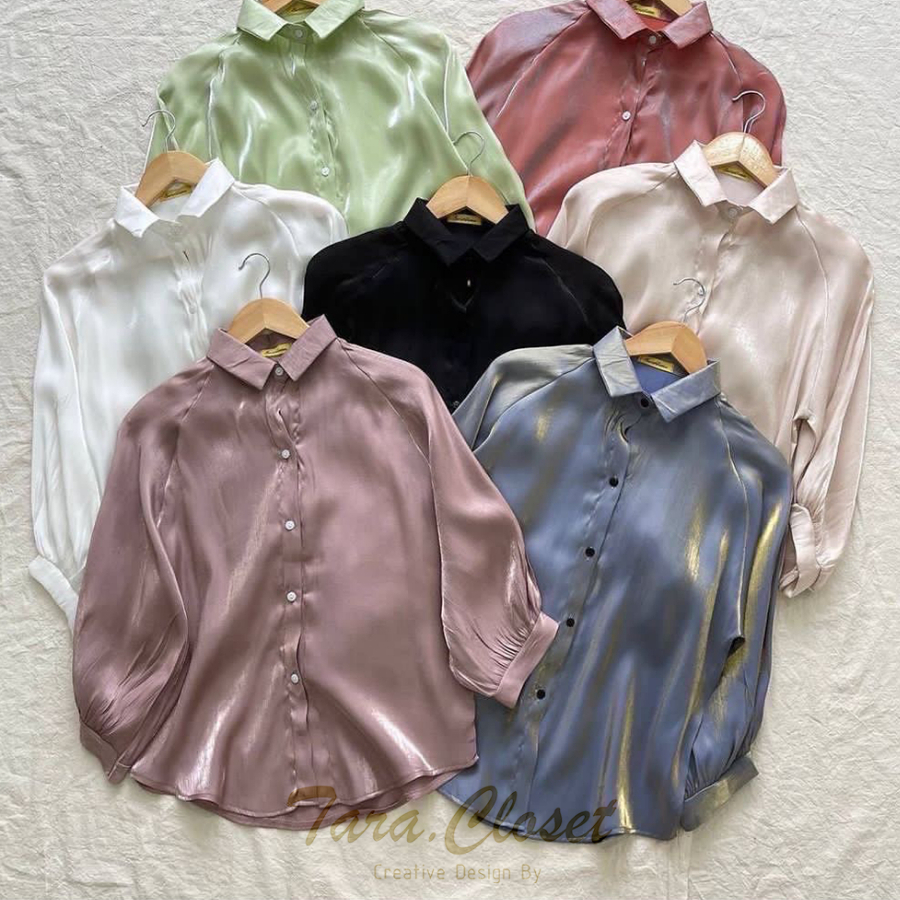 VA062 TARA Shirt เสื้อเชิ้ต ไหล่สโลป แขน 5 ส่วน เนื้อผ้าซาติน เมทาลิค ผ้าลื่น ผ้าดี ผ้าไม่ต้องรีด ใส่สบาย ไม่ร้อน