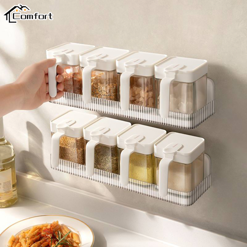 Comfort วัสดุฟู๊ดเกรด ขวดแก้วใส่เครื่องปรุงพร้อมช้อน เปิดฝาแบบกด กันชื้นกันฝุ่น ขวดใส่เครื่องปรุง