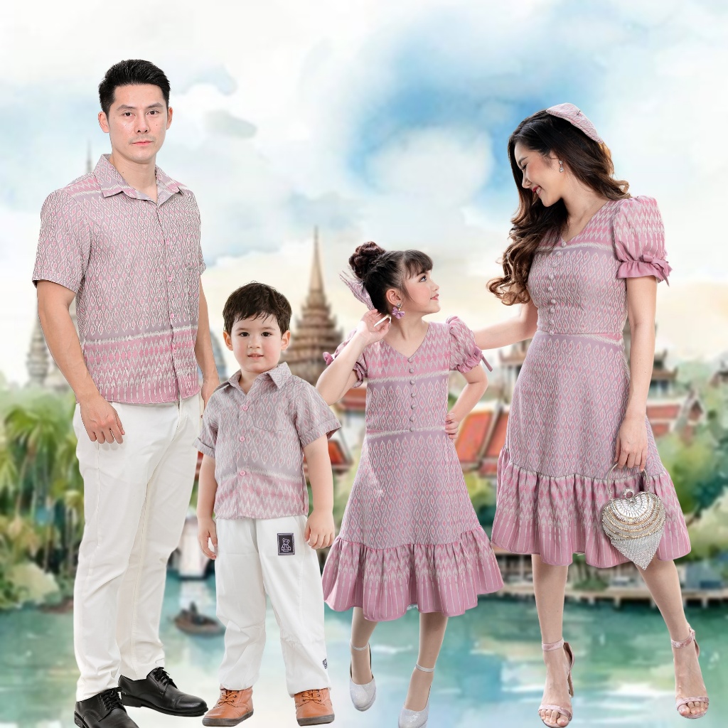 ชุดไทย ผ้าทอ สีม่วงกลีบบัว เดรสลายไทย ชุดไทยครอบครัว ชุดแม่ลูก ชุดไทยเด็ก ไปโรงเรียน ชุดทำบุญ Mudmee