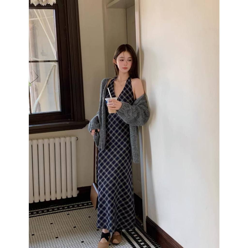 Mogwany พรี Mirin Scott Dress เดรสยาวคอวีลายสก็อต น่ารักมาก แมทเสื้อคลุม ใส่ไปคาเฟ่,ทะเล,ภูเขา