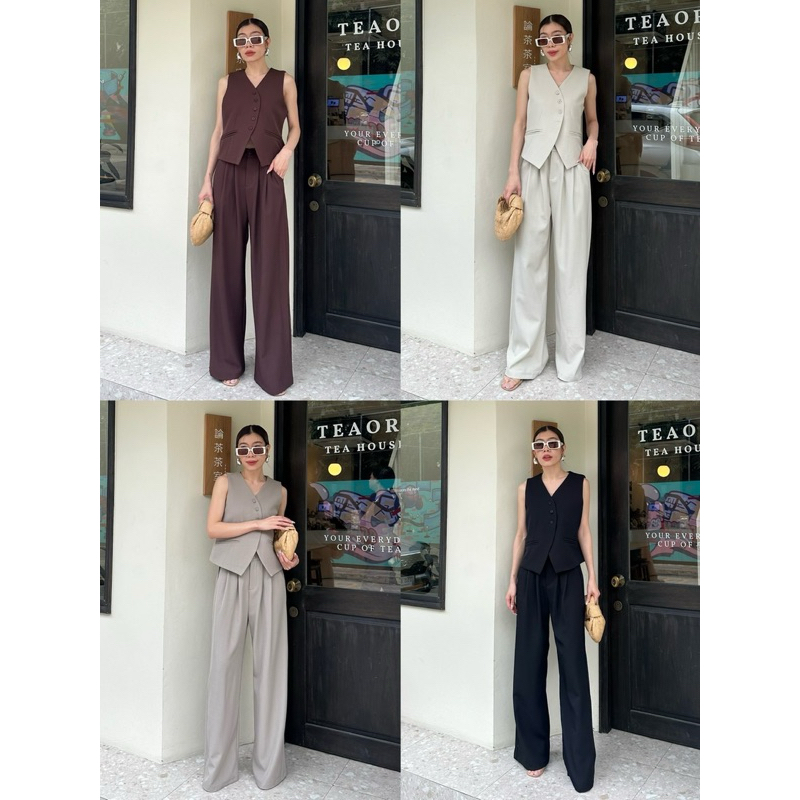 เปิดพรี 5529 NEW DROP Slope Vest Top + High Waist Pants 2 pieces set + pants เซ็ต 2 ชิ้น เสื้อกั๊กคอวี studiox2