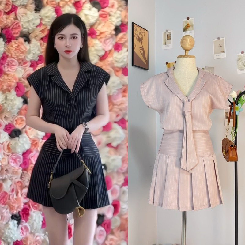 Cool Collar Look ชุดเซ็ต2 ชิ้น กระโปรง + เสื้อคอปกแต่งเน็กไทเท่ๆ งานไซส์ S M L XL