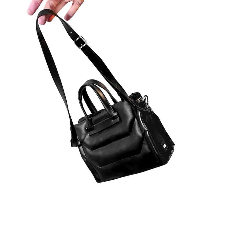SILVER BLK ___ LEATHER PUFFY SMALL TOTE BAG