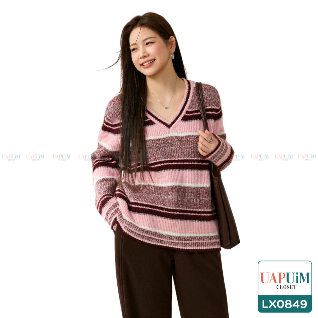 (LX0849)เสื้อแขนยาวสาวอวบเสื้อสเวตเตอร์ไหมพรม อบอุ่นสบายตลอดทั้งวัน ด้วยดีไซน์คลาสสิก ลายขวางที่ไม่เคยตกยุค