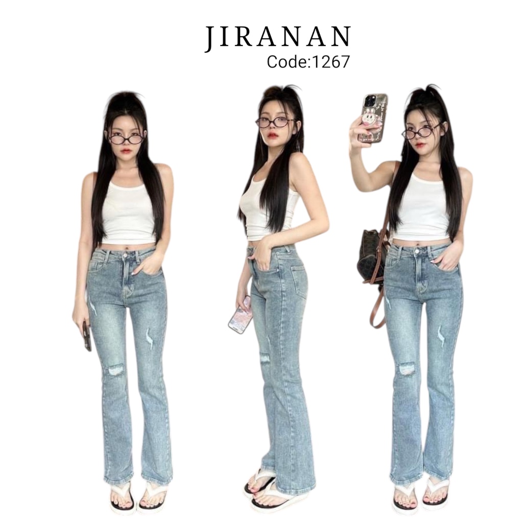 JIRANAN กางเกงยีนส์ขาม้า ผ้าดีมากเอวสูง ทรงสวย สีเฟดสวย code 1267