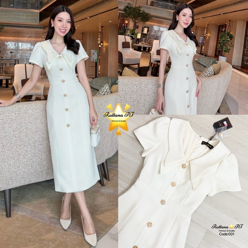 M1 งานป้าย Rattana Dress เดรสยาวคอปกแขนสั้นแต่งกระดุม สีครีม สำหรับผู้หญิง เสื้อผ้าแฟชั่นผู้หญิง ชุดออกงาน ไซส์ Xs-XL