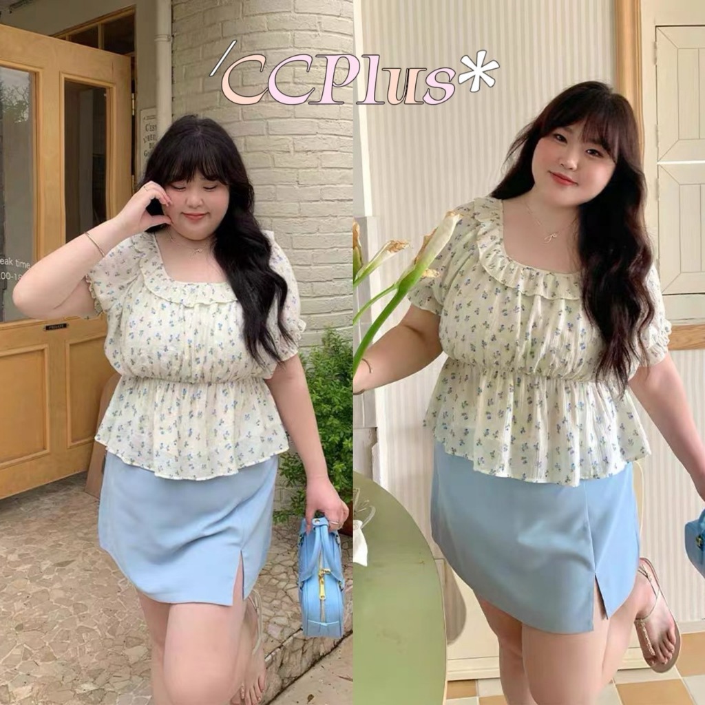 CiCi Plus+(New3349)เสื้อครอปคอเหลี่ยมแขนตุ๊กตา ลายดอกไม้ สไตล์ลูกคุณเหมาะสำหรับสาวพลัสไซส์