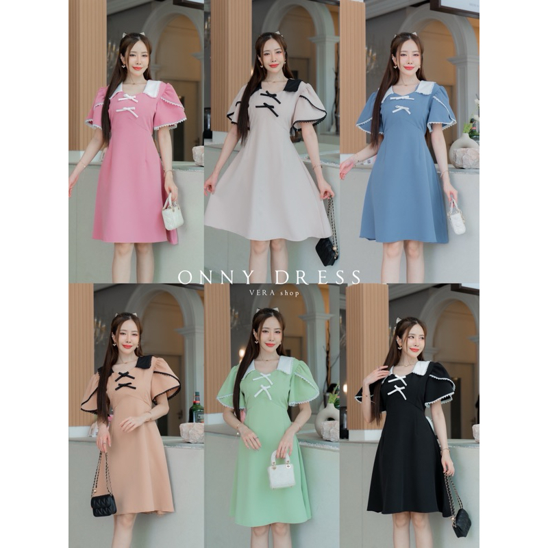 ONNY DRESS เดรสคอปกทูโทน เเต่งลูกไม้รอบเเขน ป้าย VERA