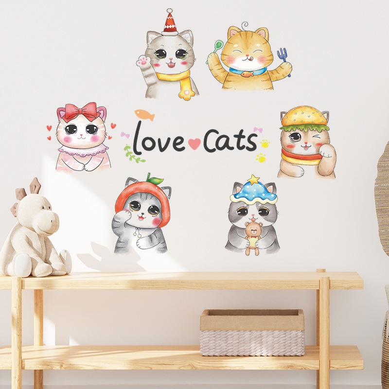 สติ๊กเกอร์ลายแมว ลายสัตว์โลก สําหรับติดตกแต่งผนังห้อง ตกแต่งห้องเด็ก สติกเกอร์ ห้องเรียน LD93115
