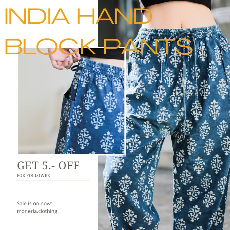 India hand block pants กางเกงอินเดียเเฮนบล็อคผ้าฝ้าย