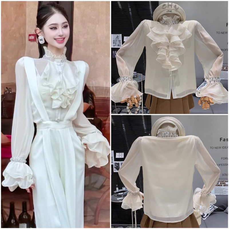 พร้อมส่ง เสื้อเชิ้ตชีฟองเเต่งปักมุกเเน่นๆงานไฮโซหรูหรามีซับในในตัว