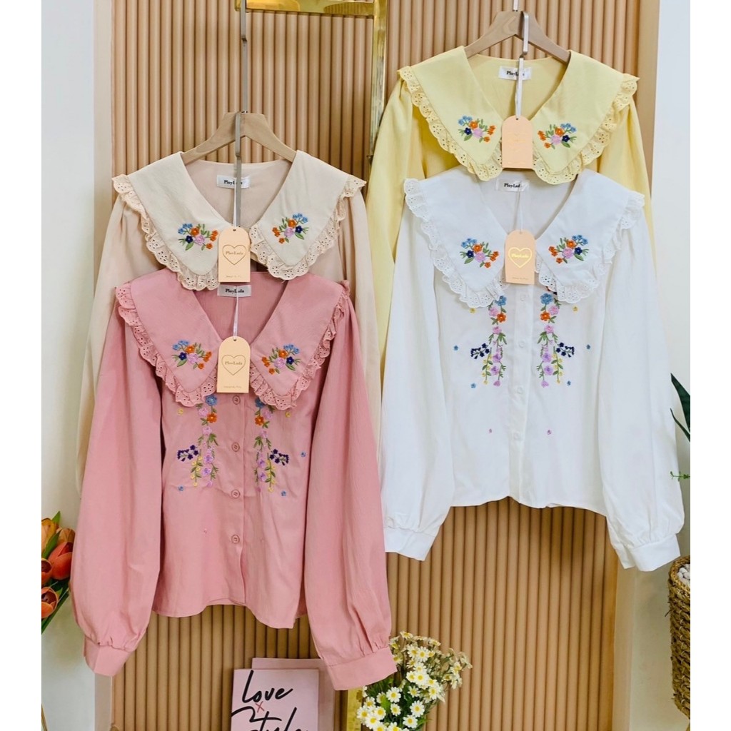 ป้าย Ploy lada เสื้อผ้าครัชแขนยาวปกบัวปักดอกไม้ด้านหน้า อก 40นิ้ว ยาว 22 นิ้ว