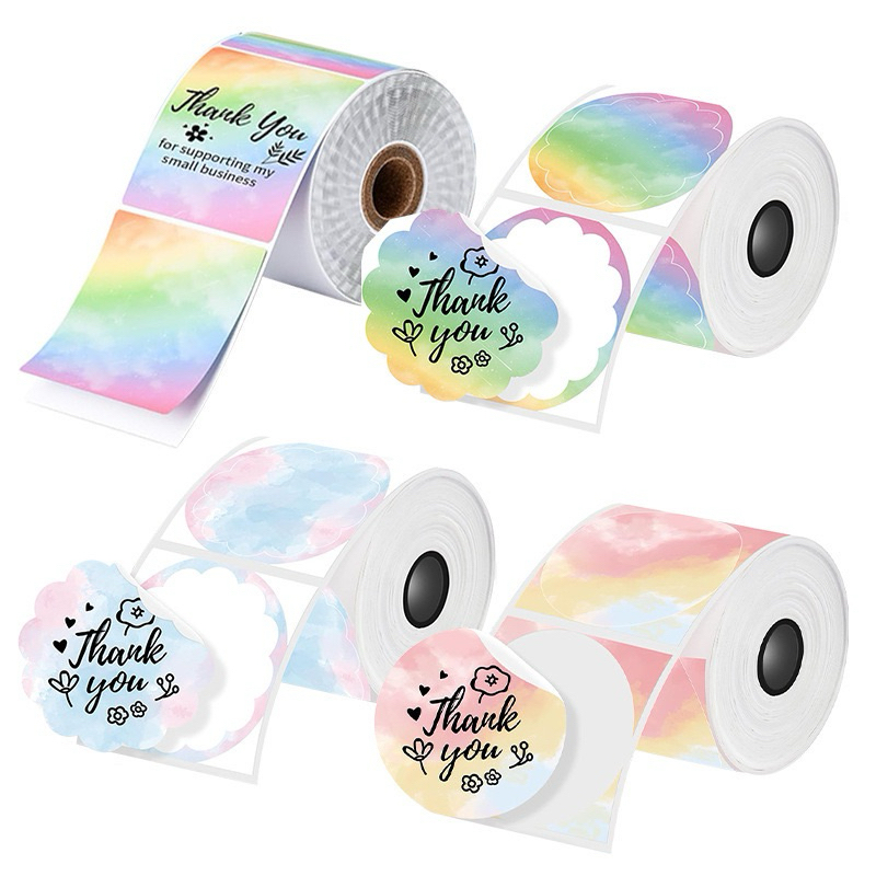 (พร้อมส่งในไทย)สติ๊กเกอร์พิมพ์ความร้อน Thermal Sticker ลายสีรุ้งพาสเทล ทรงกลม/ดอกไม้ ขนาด 5 cm
