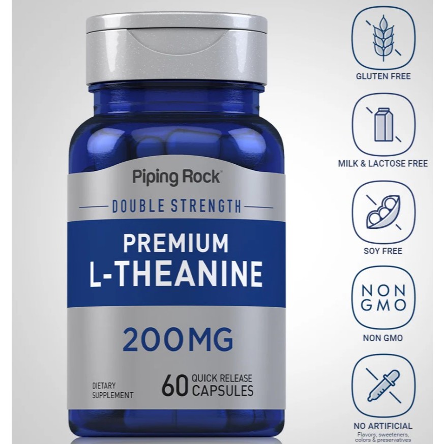 L-Theanine 200 mg 60 Quick Release Capsules แอล-ธีอะนีน Pipingrock ผ่อนคลาย ความจำ สมาธิ