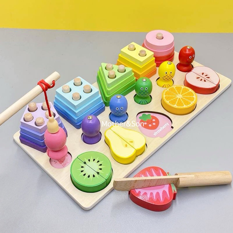 กระดานไม้วางบล็อกเรียงระดับขนาดและสี คีบผึ้งจับคู่สี และเกมตกปลา