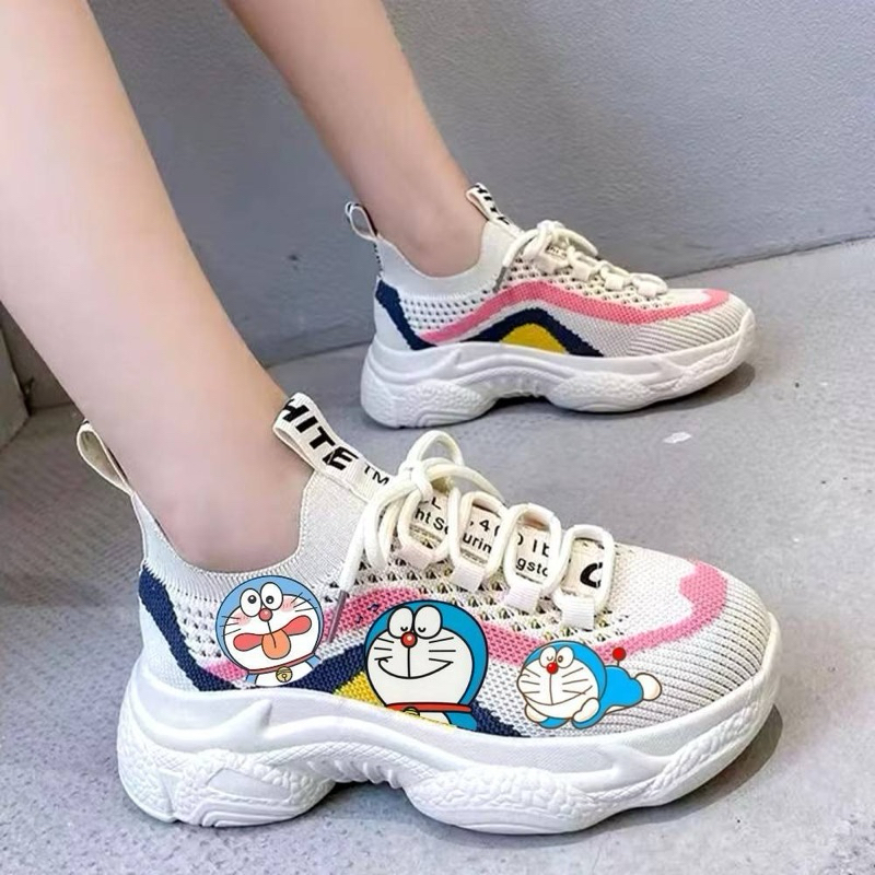 รองเท้าผ้าใบลำลอง สกรีนลายโดเรม่อน 2สี ดำ,ชมพู Size 36-40