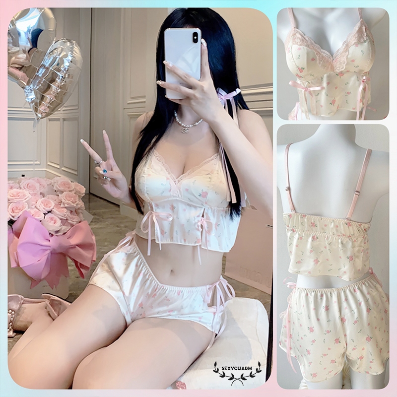 Sexy Charm เจ้าหญิง ชุดนอนเซ็ท ชุดนอนลายดอกไม้ ชุดนอนสวยๆ โบว์ลูกไม้ สง่างามและอ่อนหวาน พร้อมส่งจากไทย