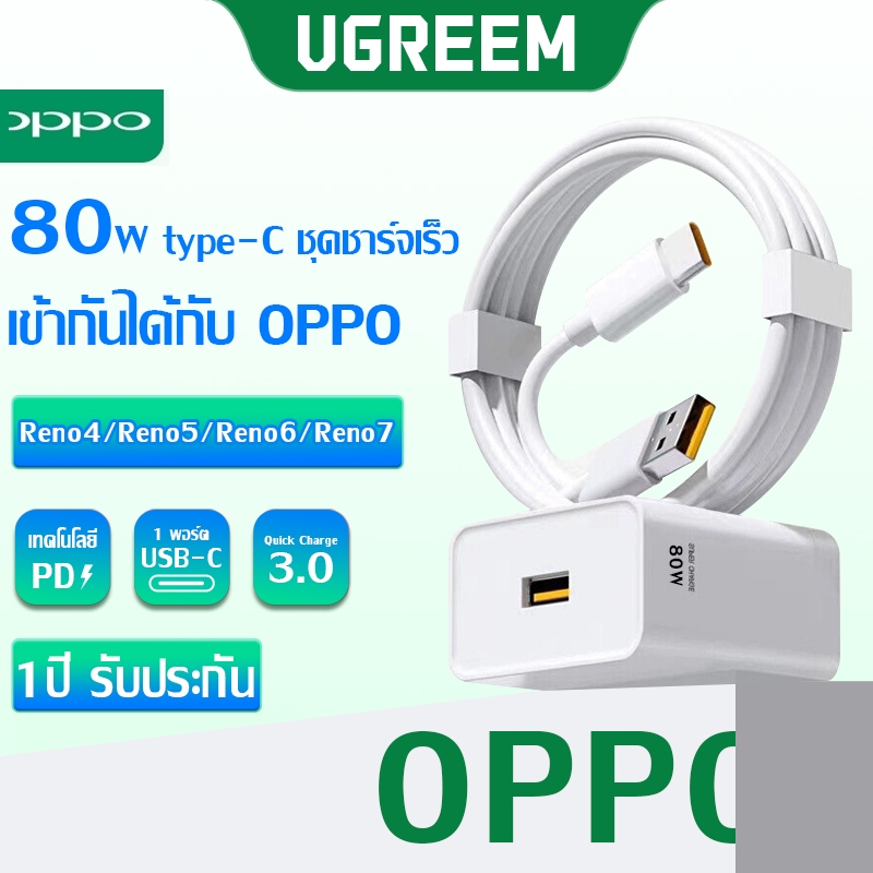 Ugreem OPPO 80W ชาร์จเร็ว SUPERVOOC หัวชาร์จ fast charger สายชาร์จ Type-C รองรับOPPO ซีรี่ส์ ชุดชาร์จ
