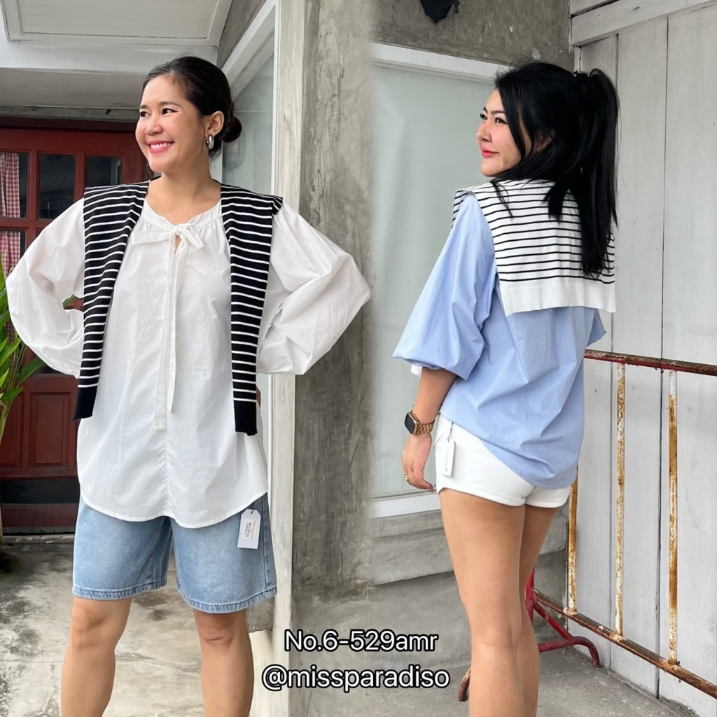 *6-529AMR เชิ้ตแขนยาวผูกคอ+ผ้าไหมพรมลายริ้ว🤍🩵เกาหลีเกาใจสุด สองชิ้นคุ้มมากแม่ ตัวแม่แฟชั่นห้ามพลาด❗️